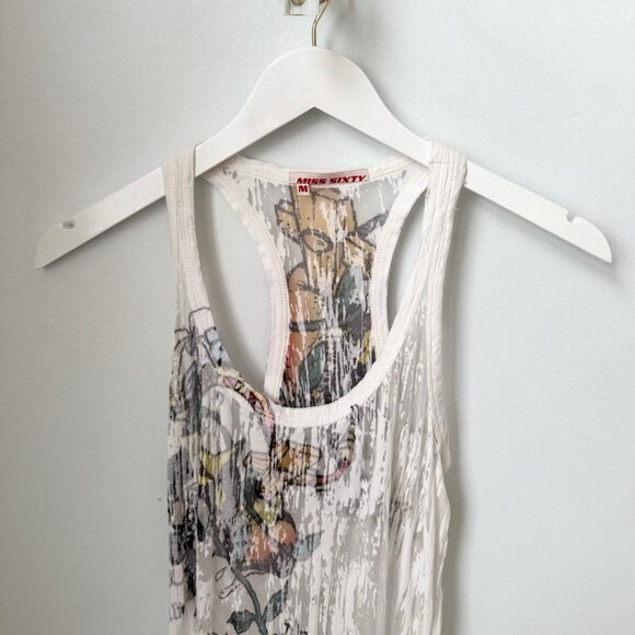 Y2K Vintage Miss Sixty Sheer Mesh Graphic Top, Printed Downton Girl Tank Top (M) - Picture 5 of 6